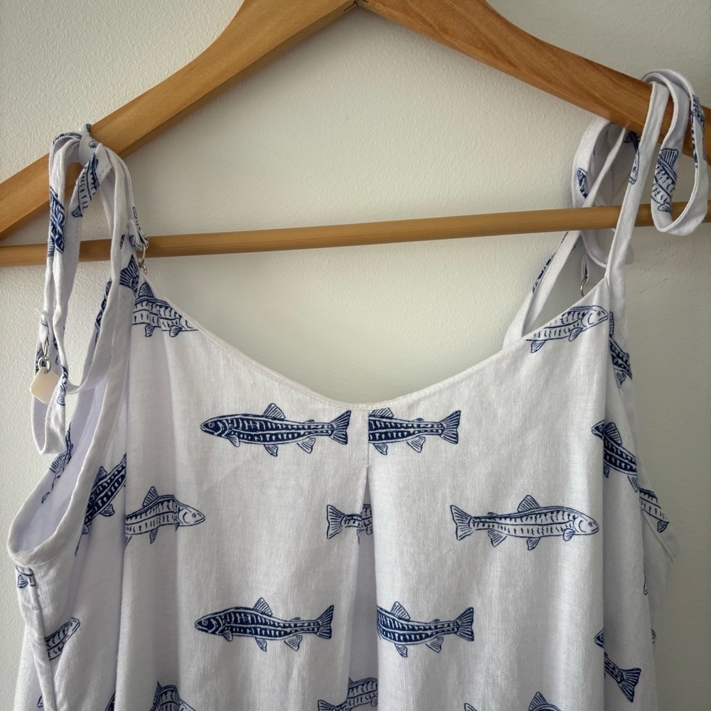 NWOT Cynthia Rowley Linen Blend Tie Strap Blue Fish  Print Flounce Dress XS - Picture 8 of 9